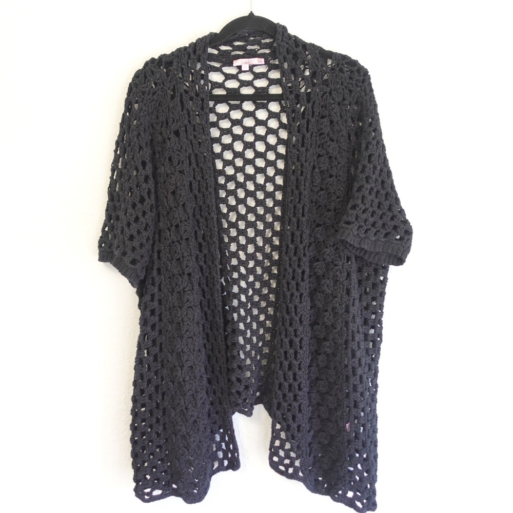 Calypso St Barth Cardigan Black Crochet Cotton Linen Open Knit Long Cover Up OS
